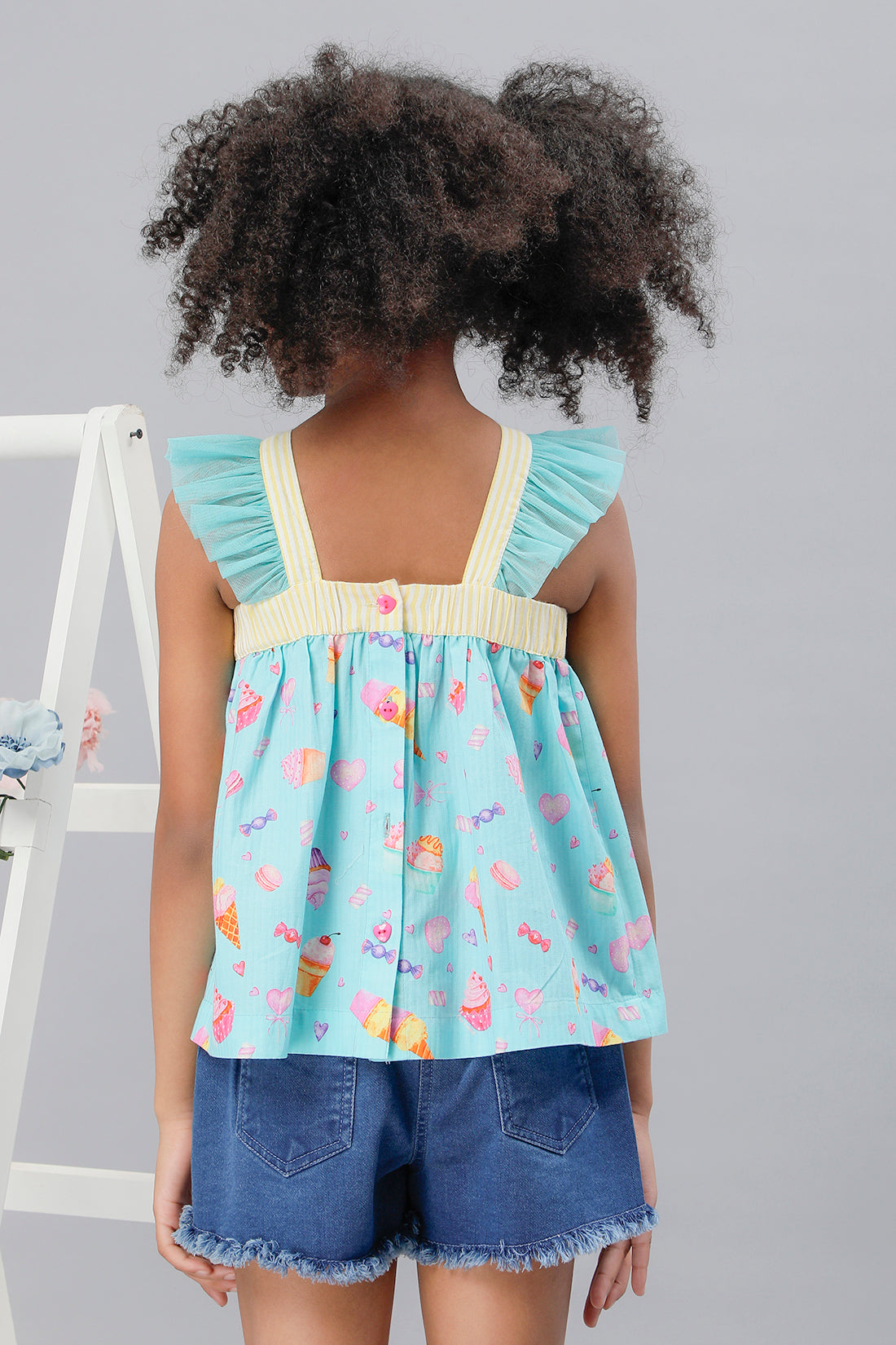 One Friday Kids Girls Aqua Cupcake Printed Bow Top