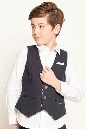 One Friday Kids Boys Navy Blue Solid V-Neck Waist Coat - One Friday World