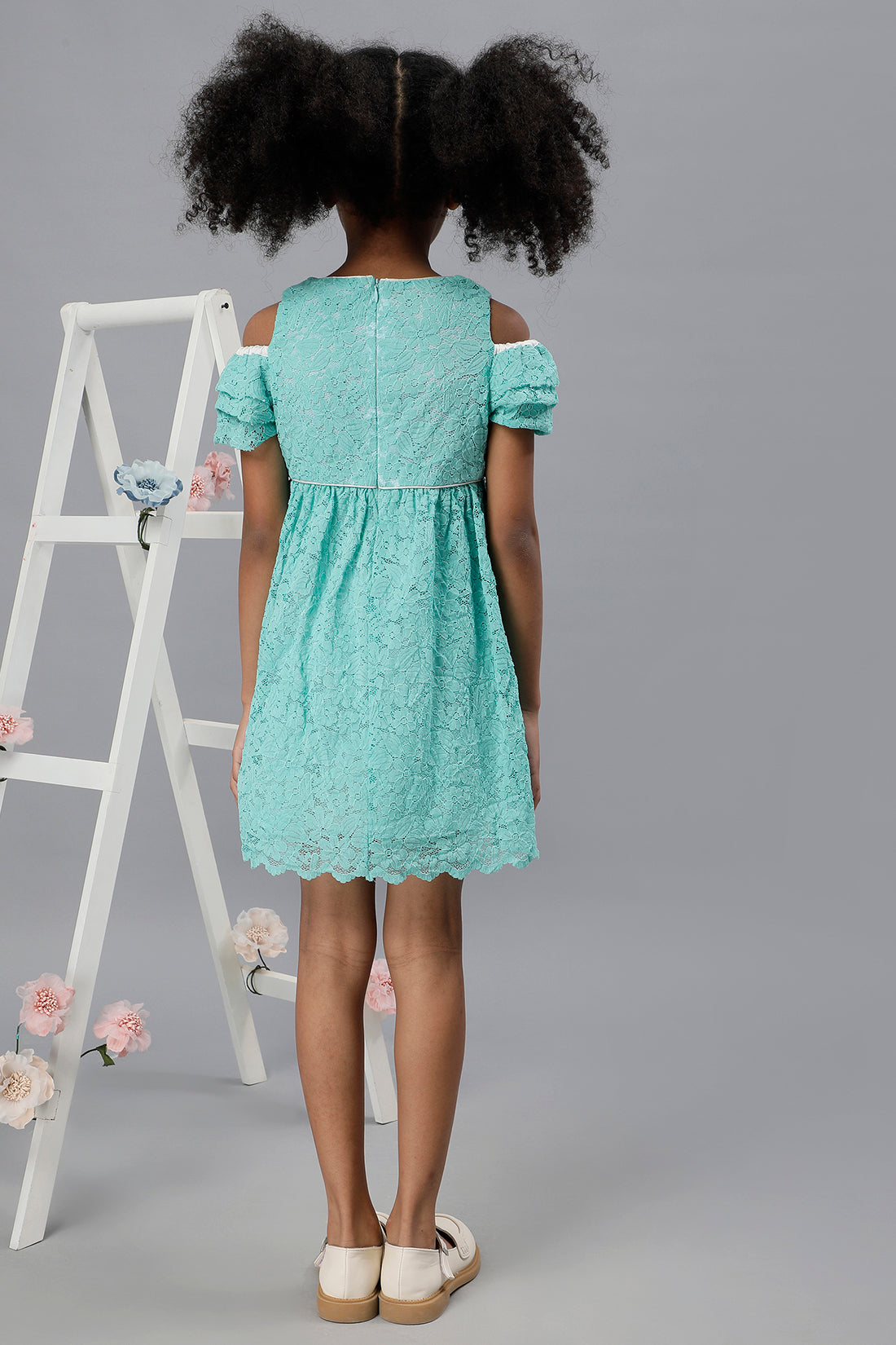 One Friday Girls Mint Lace Fabric Cold-shoulder Dress