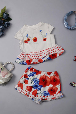 One Friday Baby Girls Off White Floral Peplum Top With Shorts Set - One Friday World