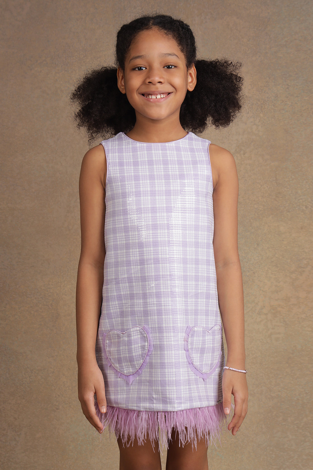 One Friday Kids Girls Lavender Checkerred Sequinned Dress