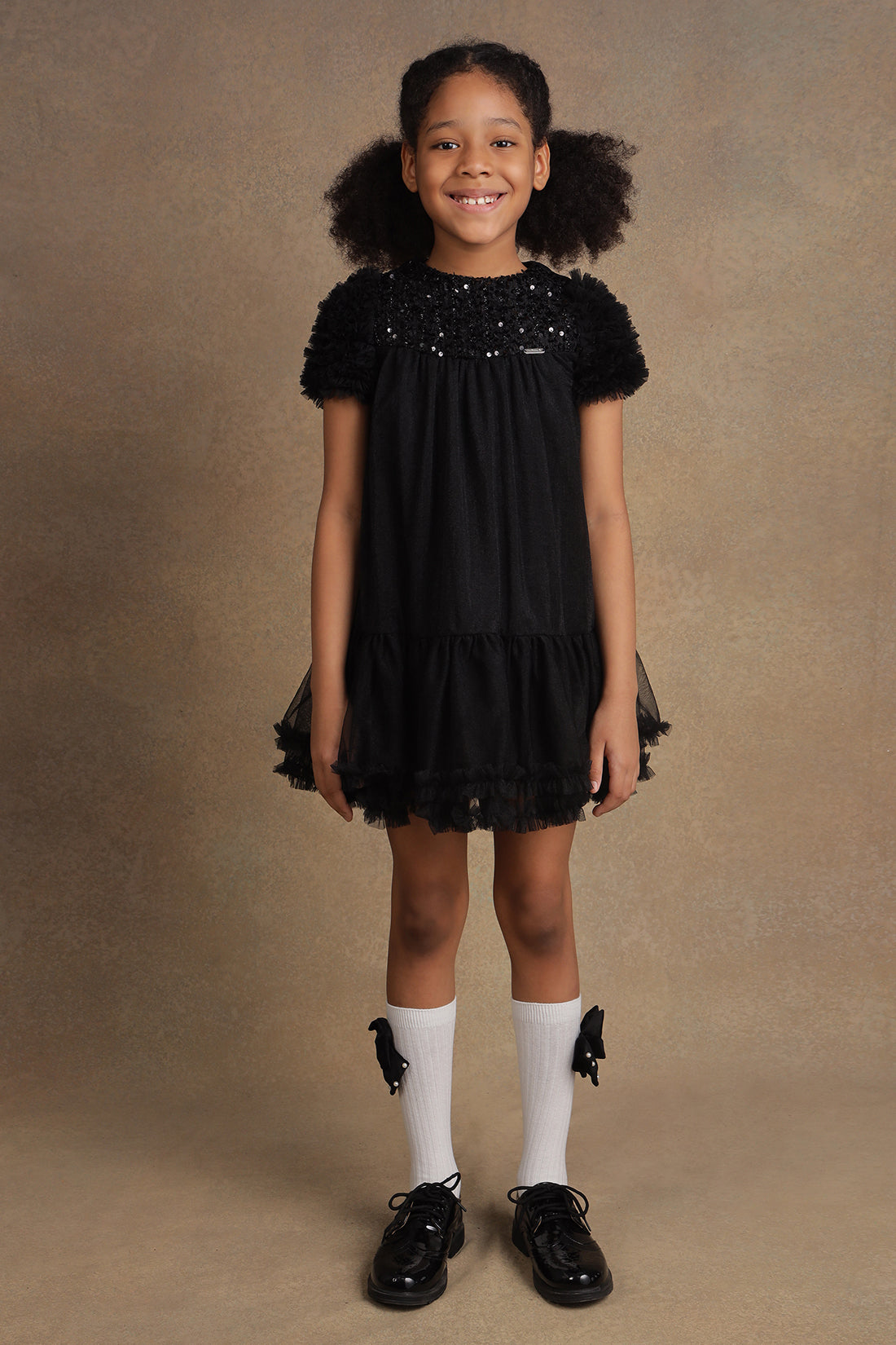 One Friday Kids Girls Black Solid With Sequence Emb Dress