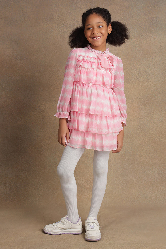 One Friday Kids Girls Pink & White Checkered Frill Dress