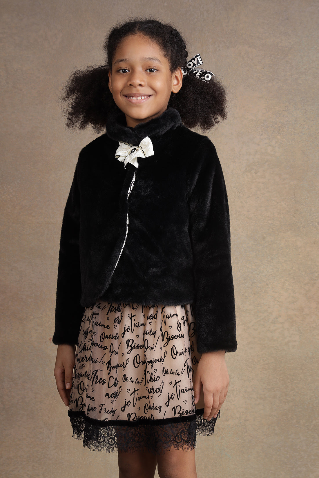 One Friday Kids Girls Black Fur Jacket