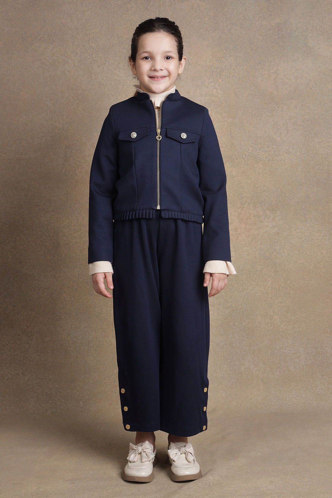 One Friday Kids Girls Navy Blue Solid Trouser