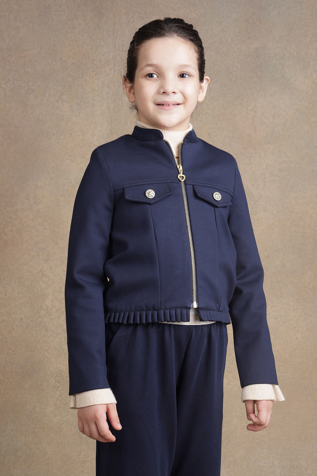 One Friday Girls Navy Blue Solid Jacket with embroidery