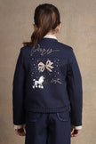 One Friday Girls Navy Blue Solid Jacket with embroidery