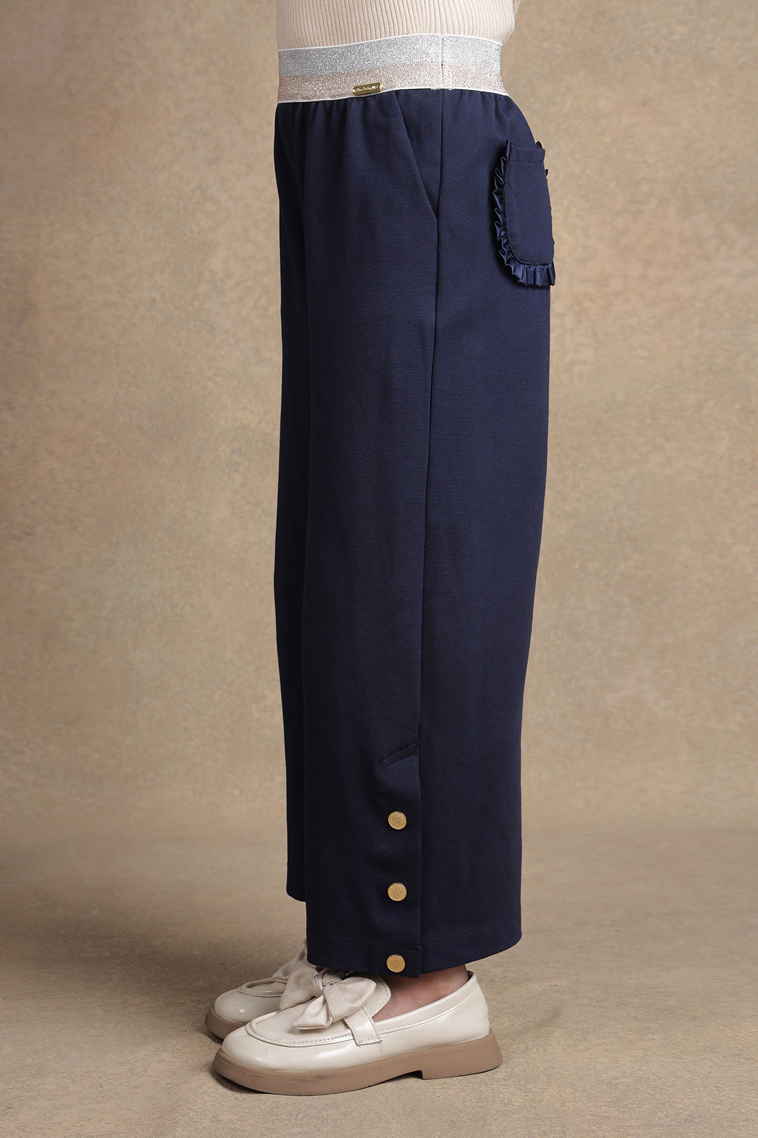 One Friday Kids Girls Navy Blue Solid Trouser