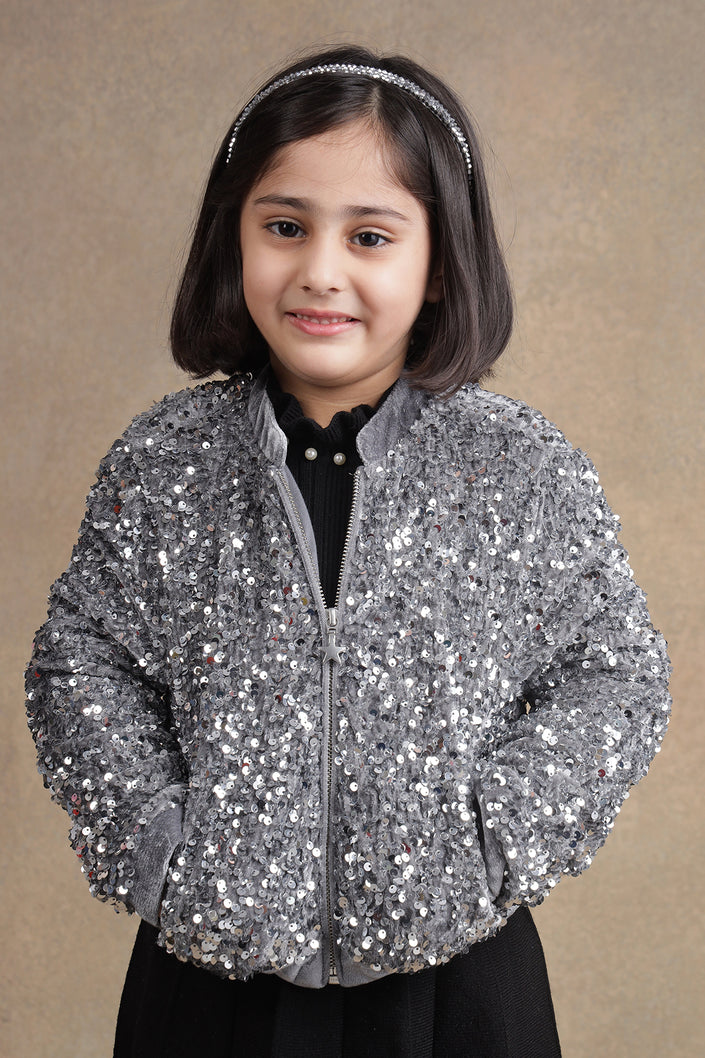 One Friday Kids Girls Grey Sequins Jacket