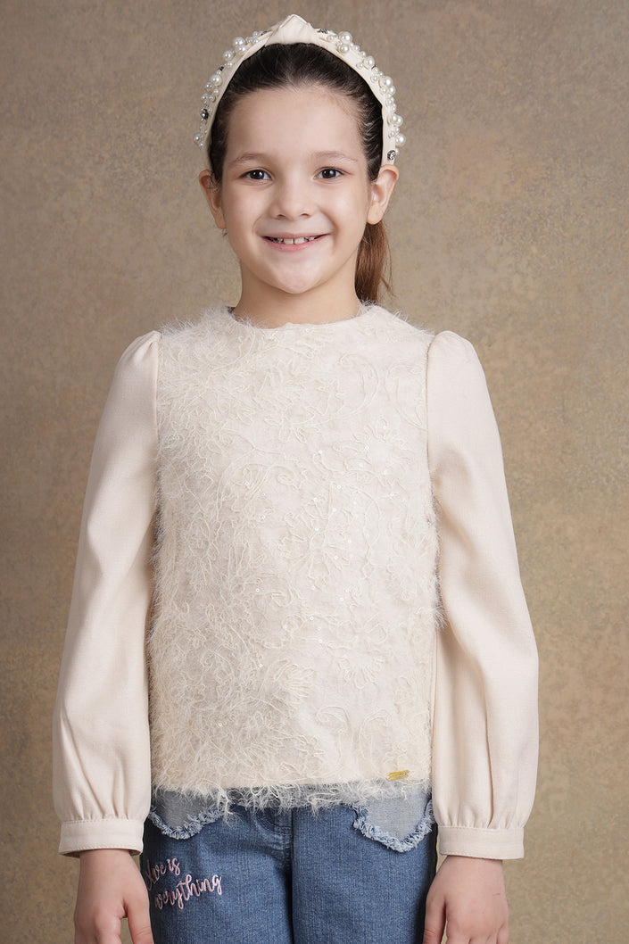 One Friday Kids Girls Beige Laced Full Sleeves Top