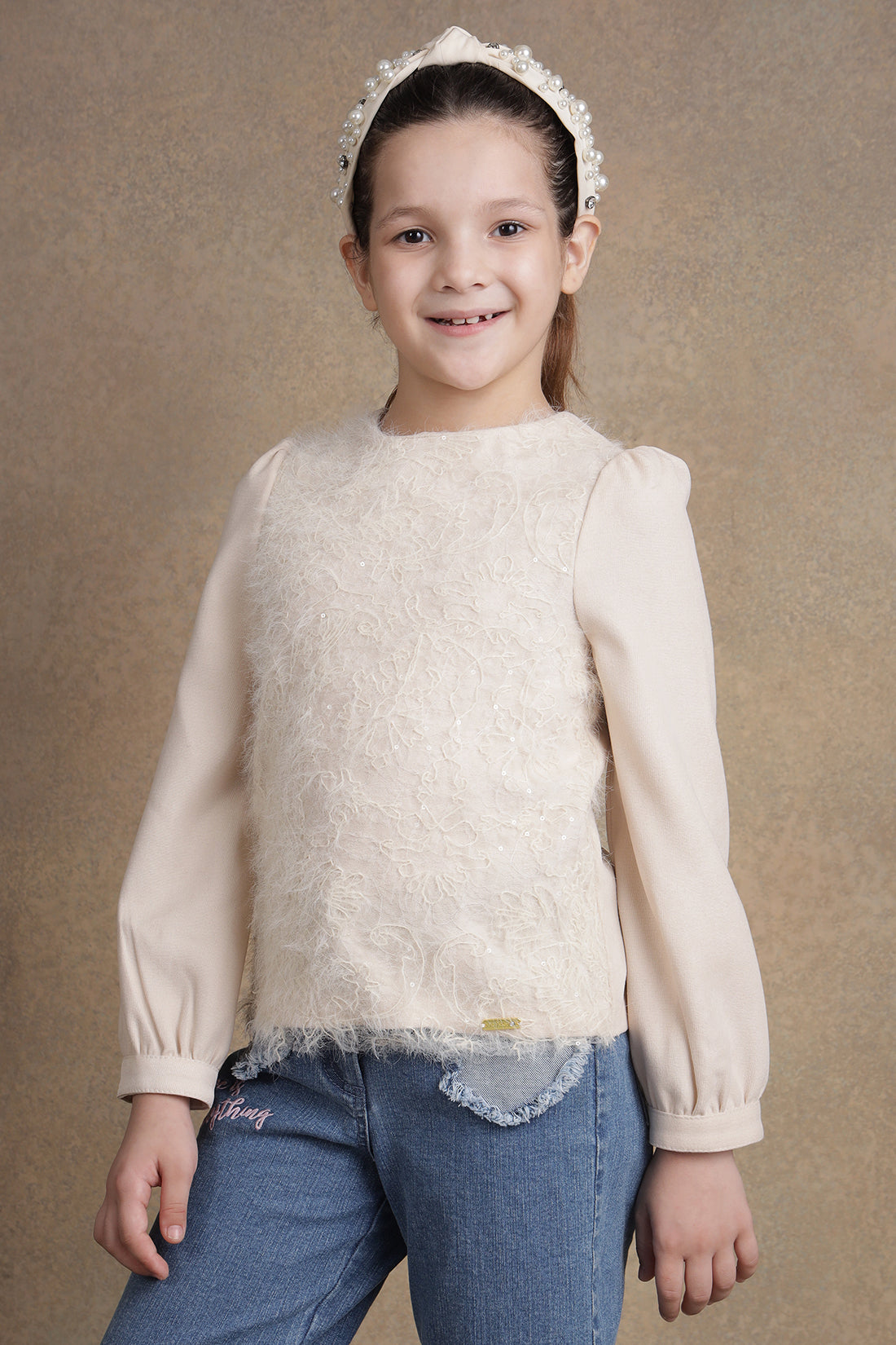 One Friday Kids Girls Beige Laced Full Sleeves Top