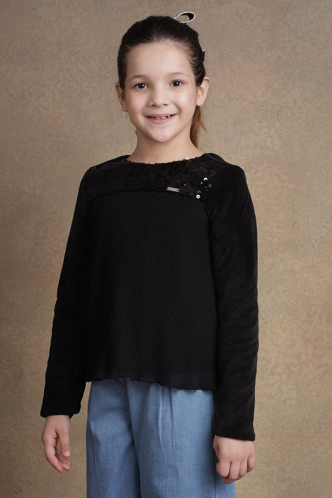 One Friday Kids Girls Jet Black Pleated Top