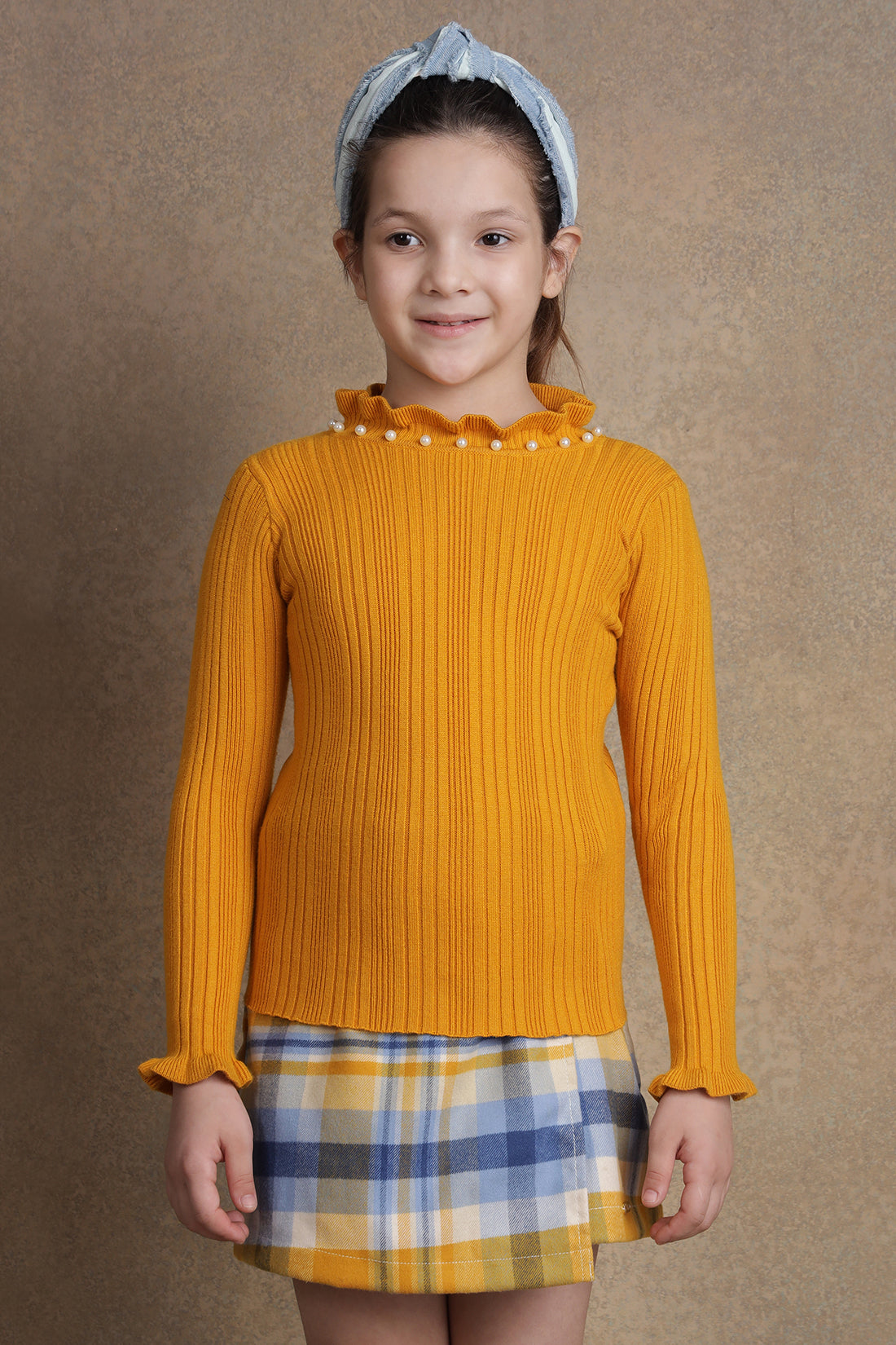 One Friday Kids Girls Mustard Solid Jumper