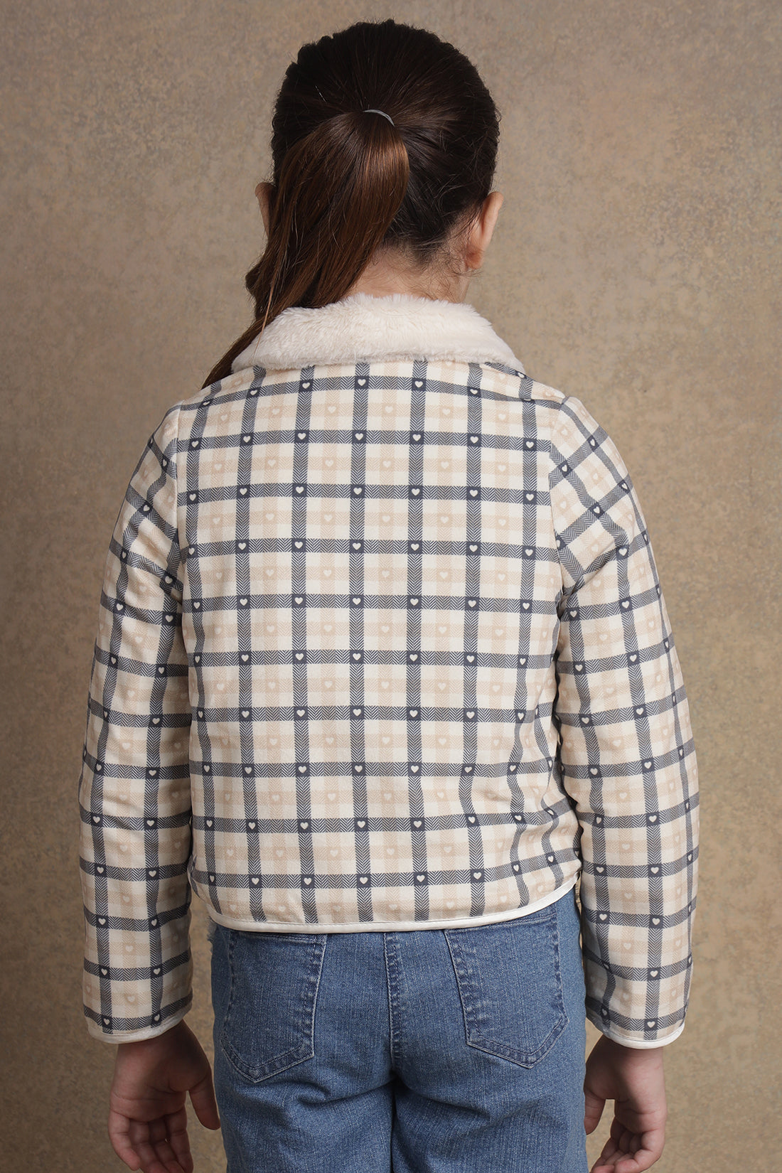 One Friday Kids Girls Beige Checks Jacket