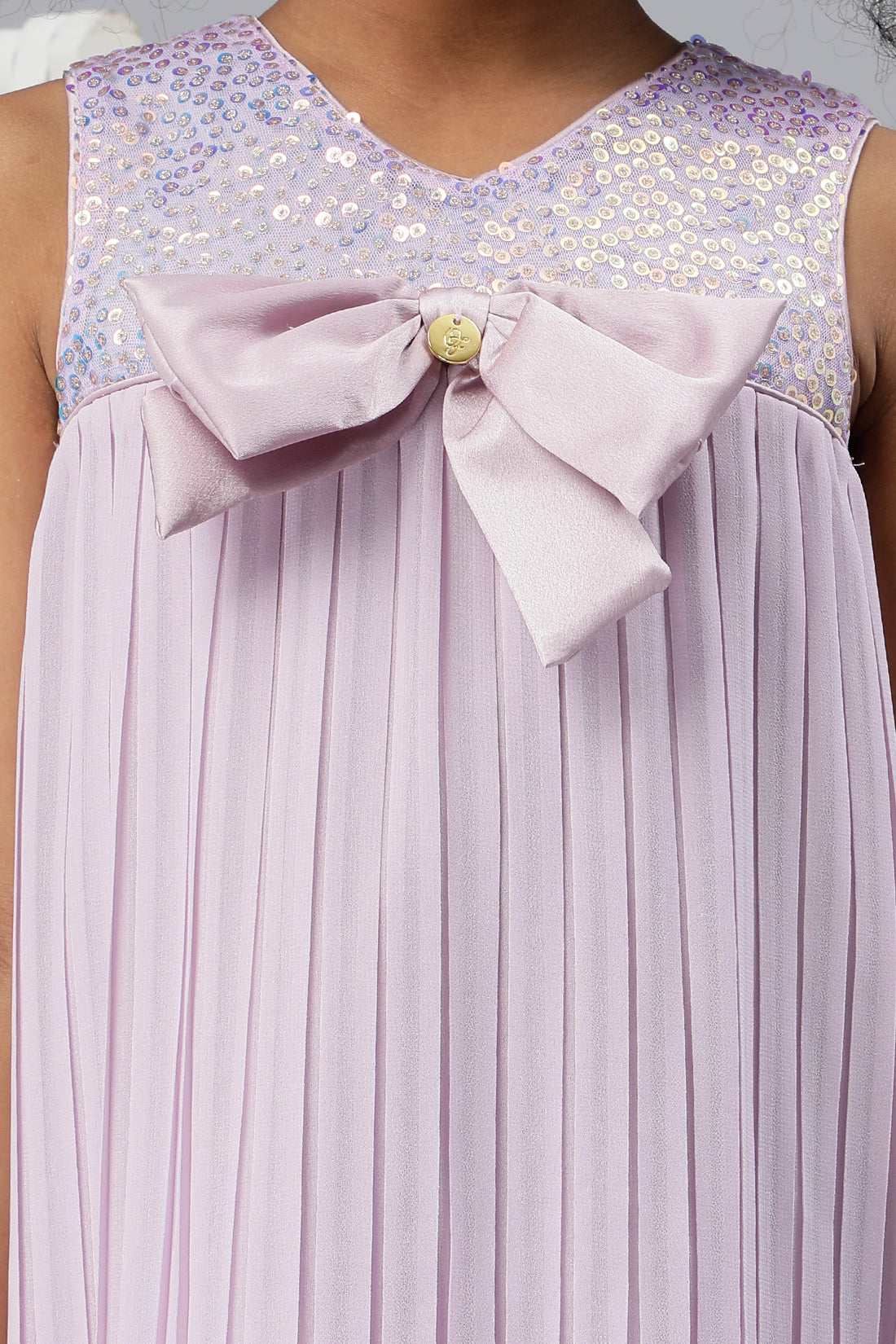 One Friday Kids Girls Lilac Bow & Sequined  Pleated Party Dress