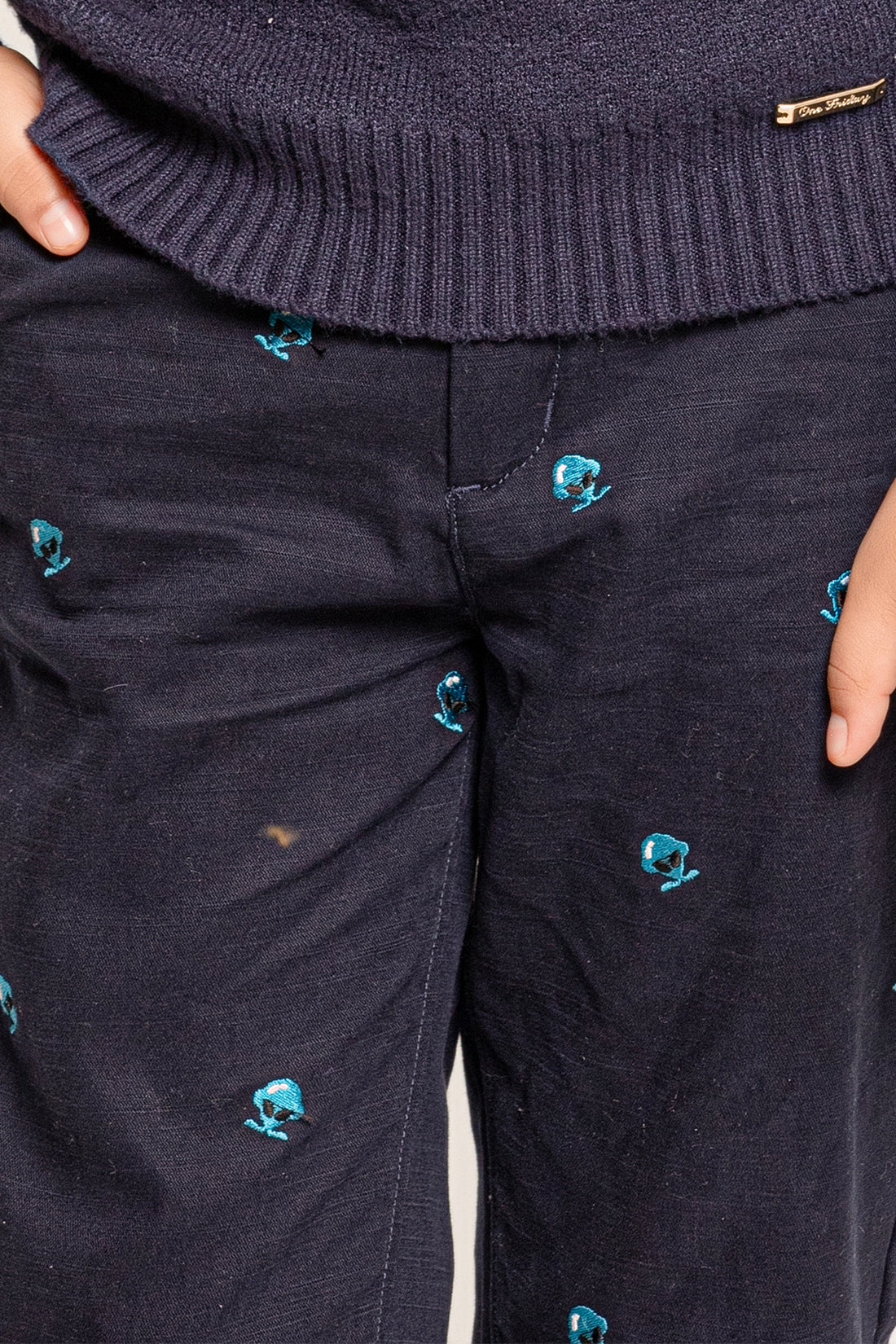 One Friday Kids Boys Navy Blue Alien Embroidered Trouser