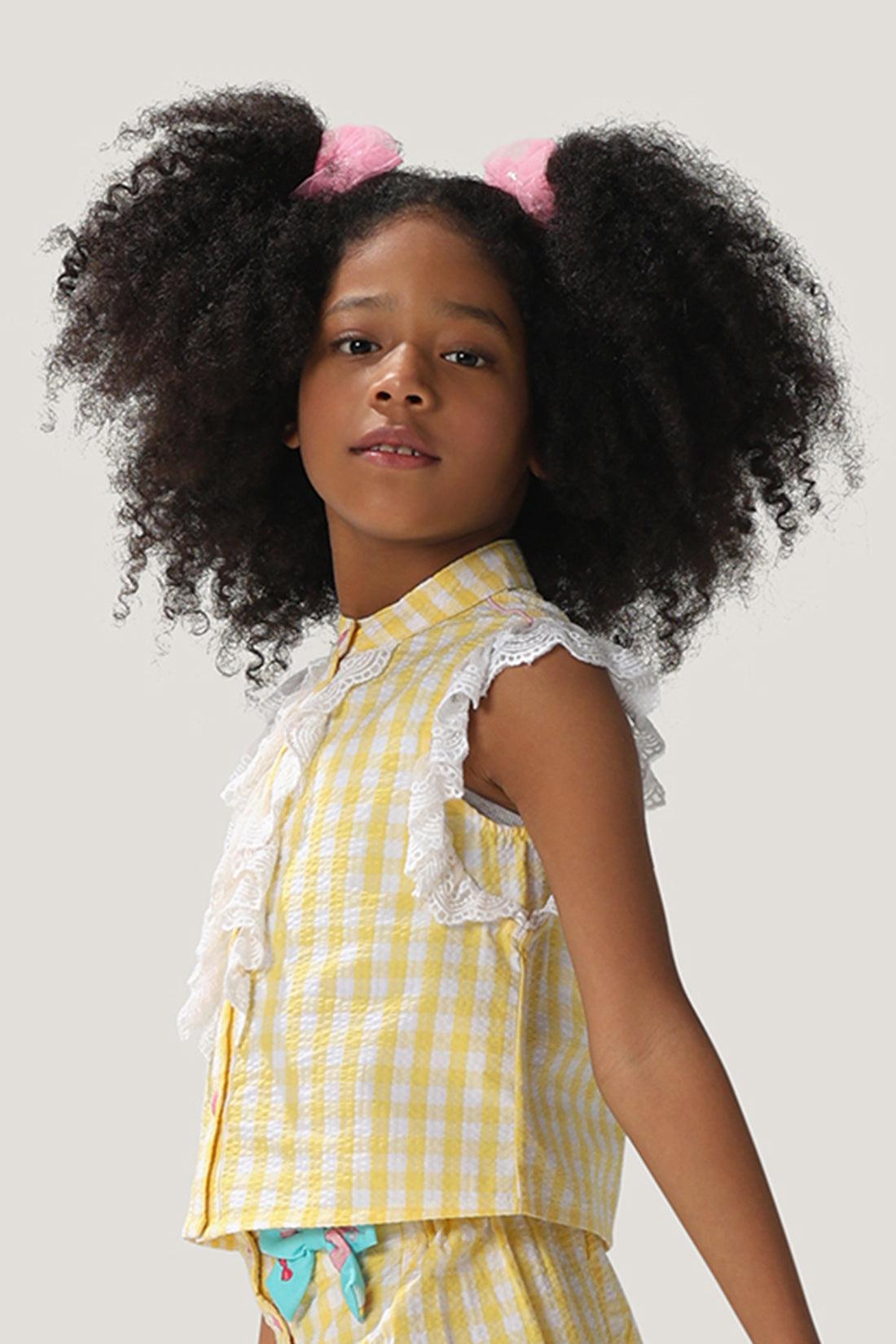 One Friday Girls Cotton Yellow Checkered Top - One Friday World