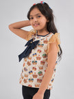 One Friday Kids Girls Crown Printed Top With Navy Blue Bow - One Friday World