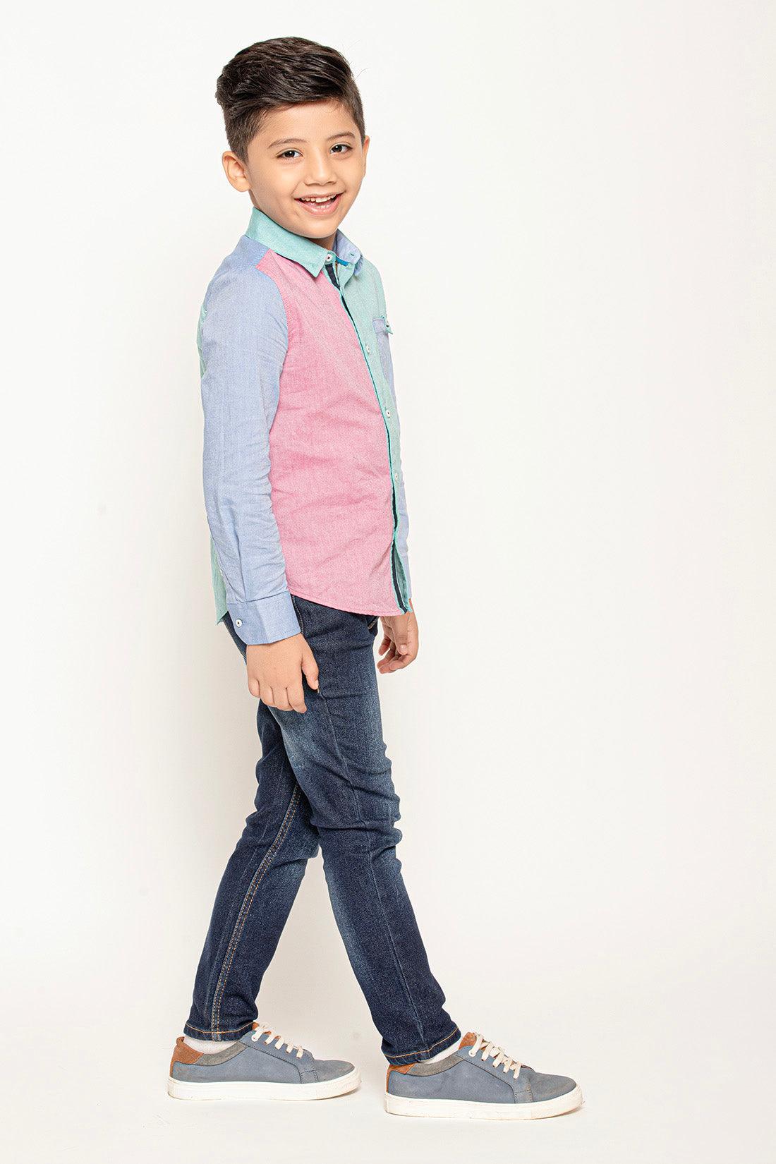 One Friday Varsity Chic Dual-Colored Blue and Pink Full Sleeves Shirt for Boys - One Friday World