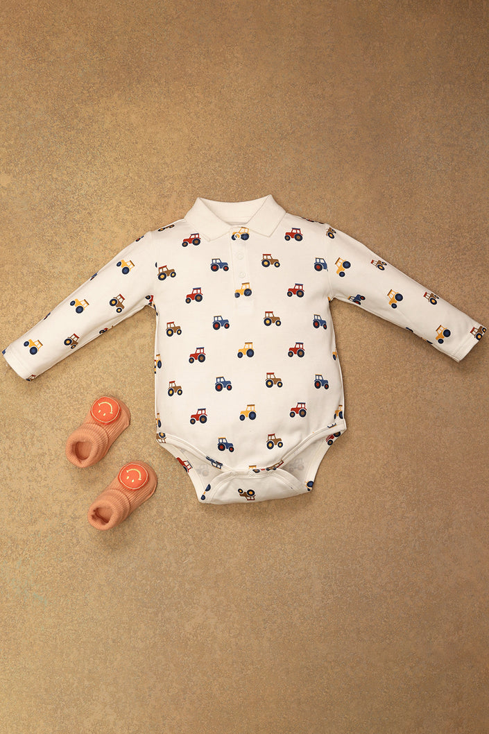 One Friday Baby Boys Vehicle Printed White BodySuit