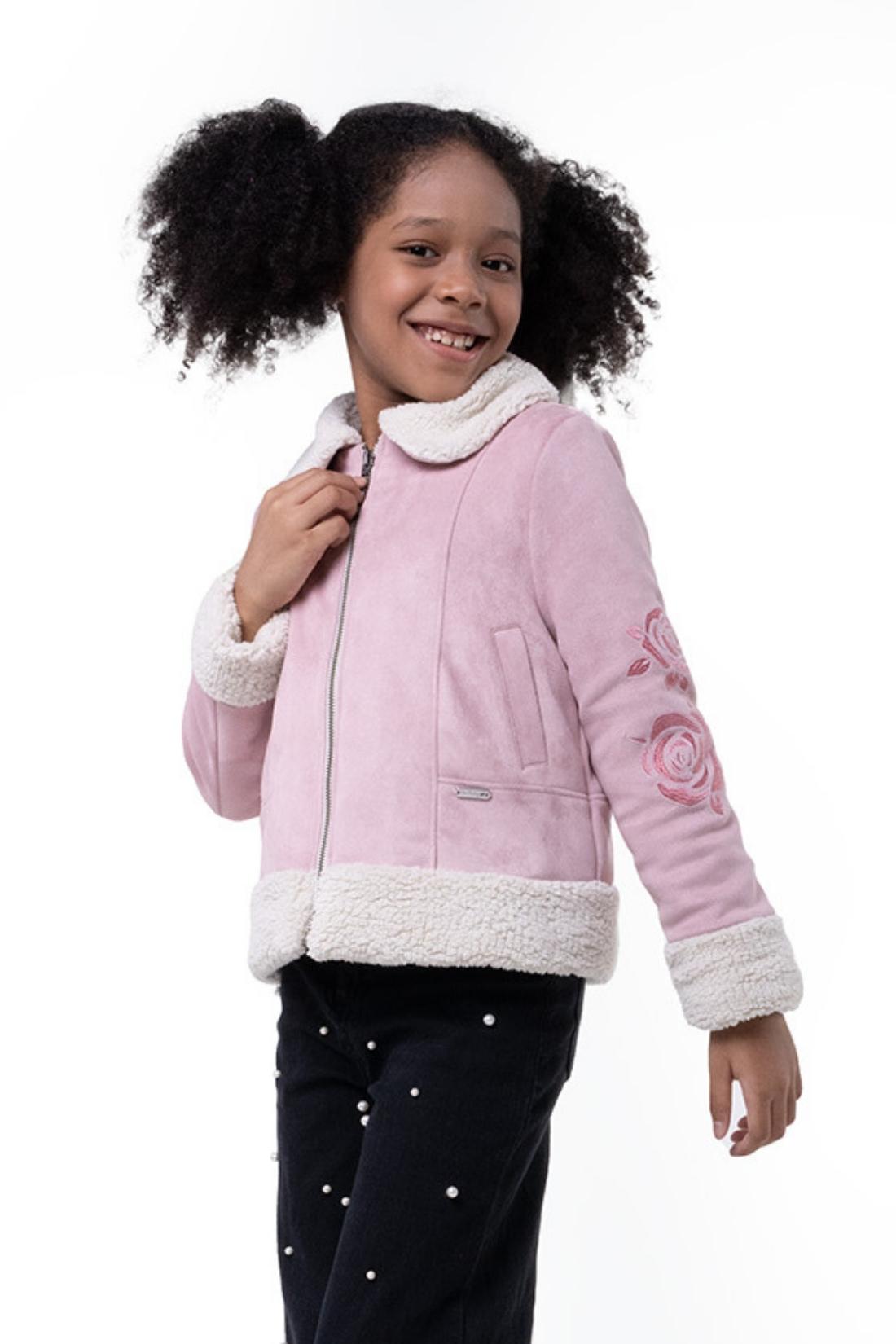 One Friday Kids Girls Shirt Collar Pink Jacket With Faux Fur Detail