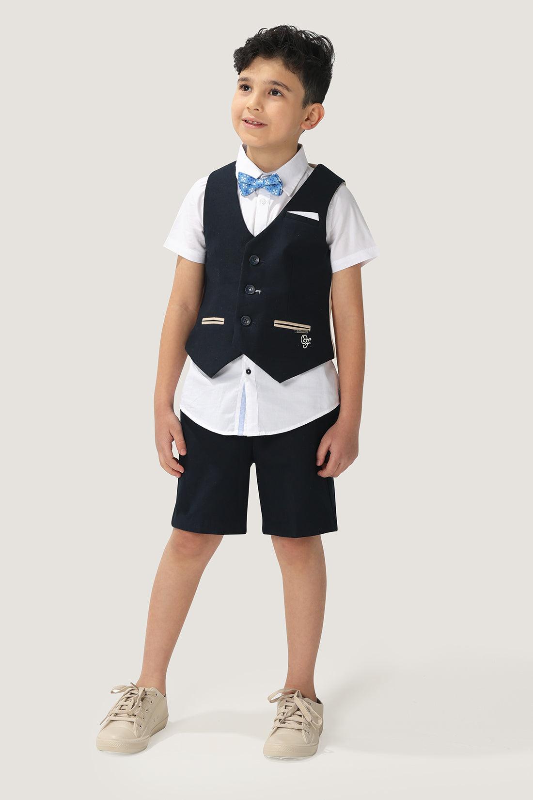 One Friday Kids Boys Navy Blue Stretchable Cotton Waistcoat With Front Pockets - One Friday World