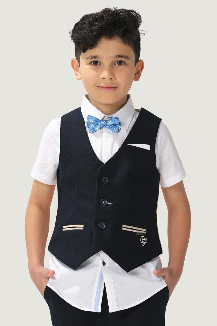 One Friday Kids Boys Navy Blue Stretchable Cotton Waistcoat With Front Pockets - One Friday World