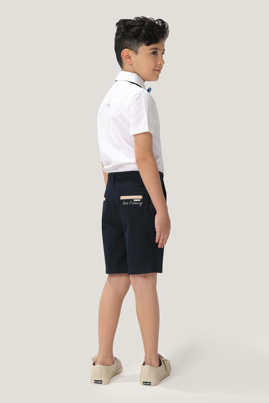 One Friday Kids Boys Navy Blue Stretchable Cotton Embroidered Shorts With Pockets - One Friday World