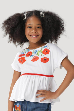 One Friday Kids Girls White Cotton Round Neck Knit Top With Floral Print - One Friday World