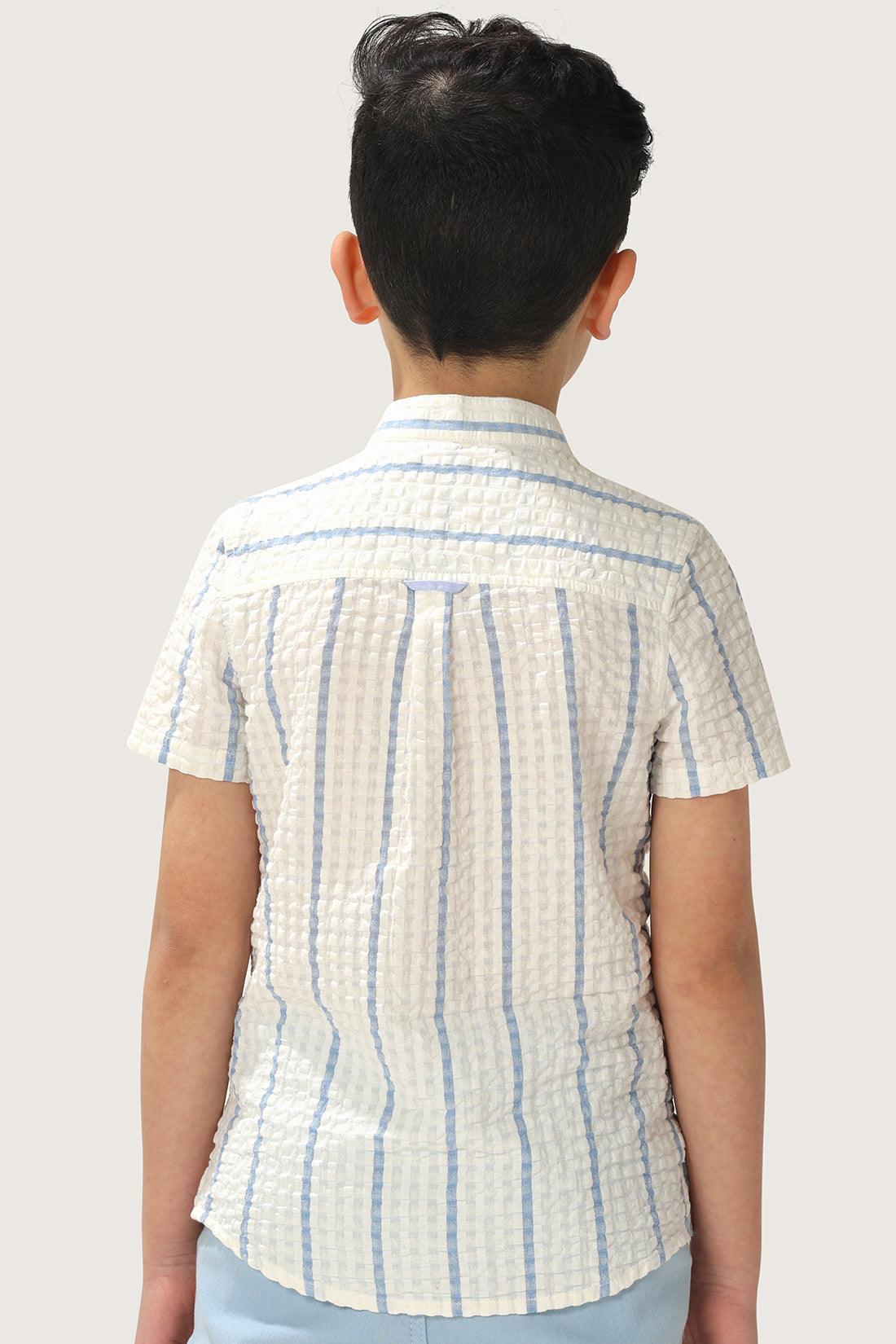 One Friday Boys White and Blue Stripes Seersucker Cotton Shirt - One Friday World