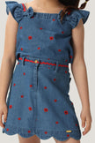 One Friday Kids Girls Indigo Blue Embroidered Denim Skirt With Front Button Opening - One Friday World