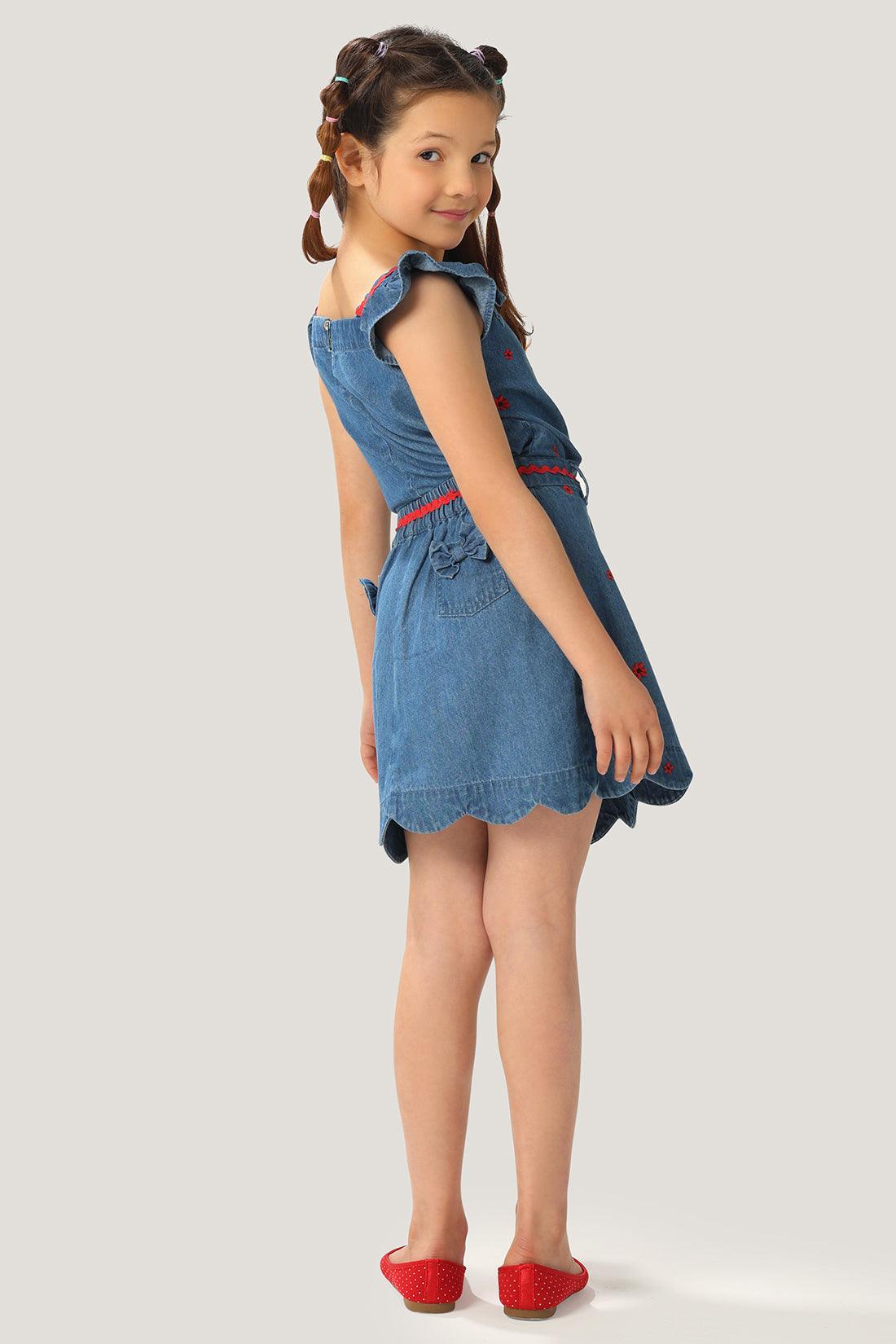 One Friday Kids Girls Indigo Blue Embroidered Denim Skirt With Front Button Opening - One Friday World