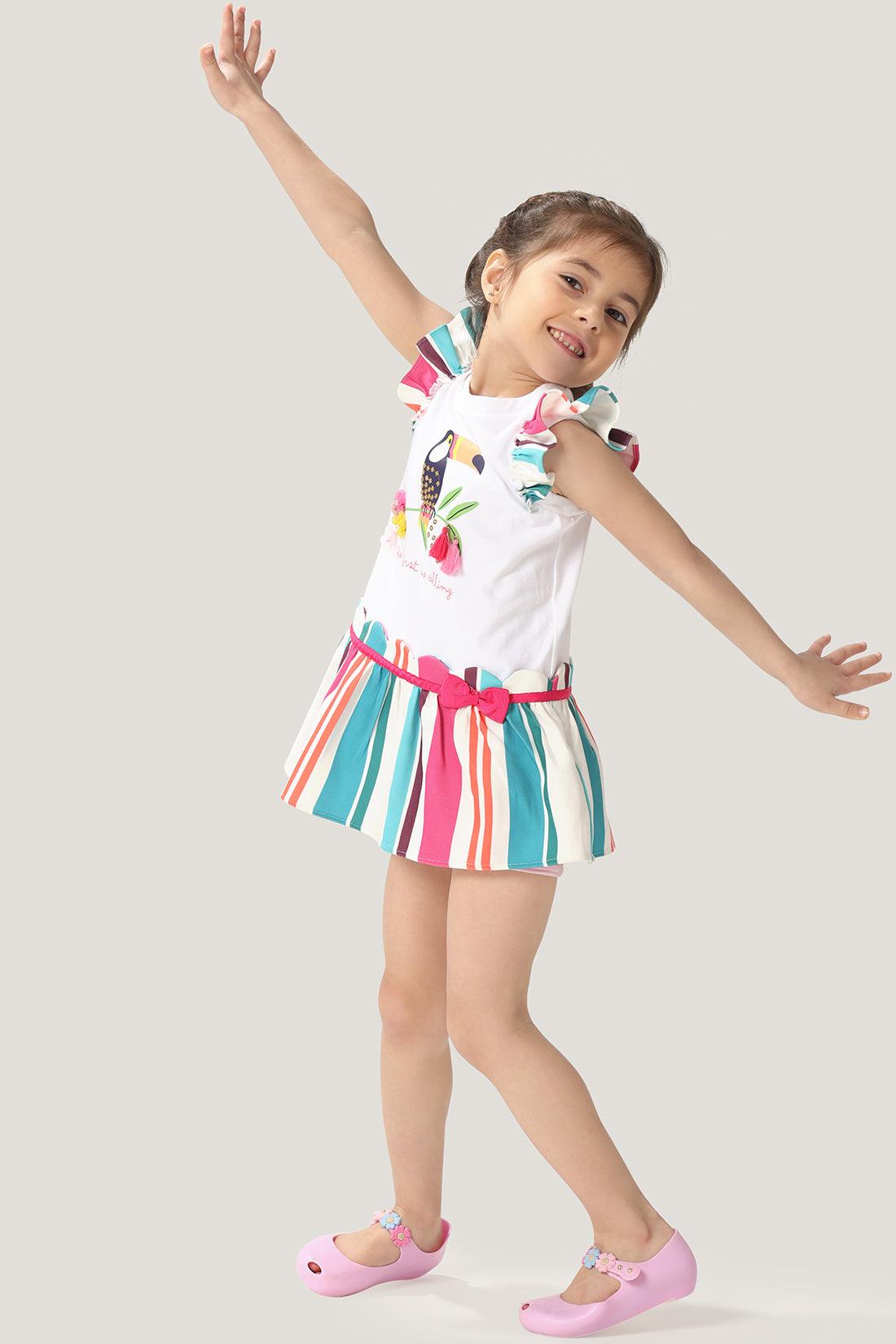 One Friday Baby Girls Multicolored Round Neck White Dress - One Friday World