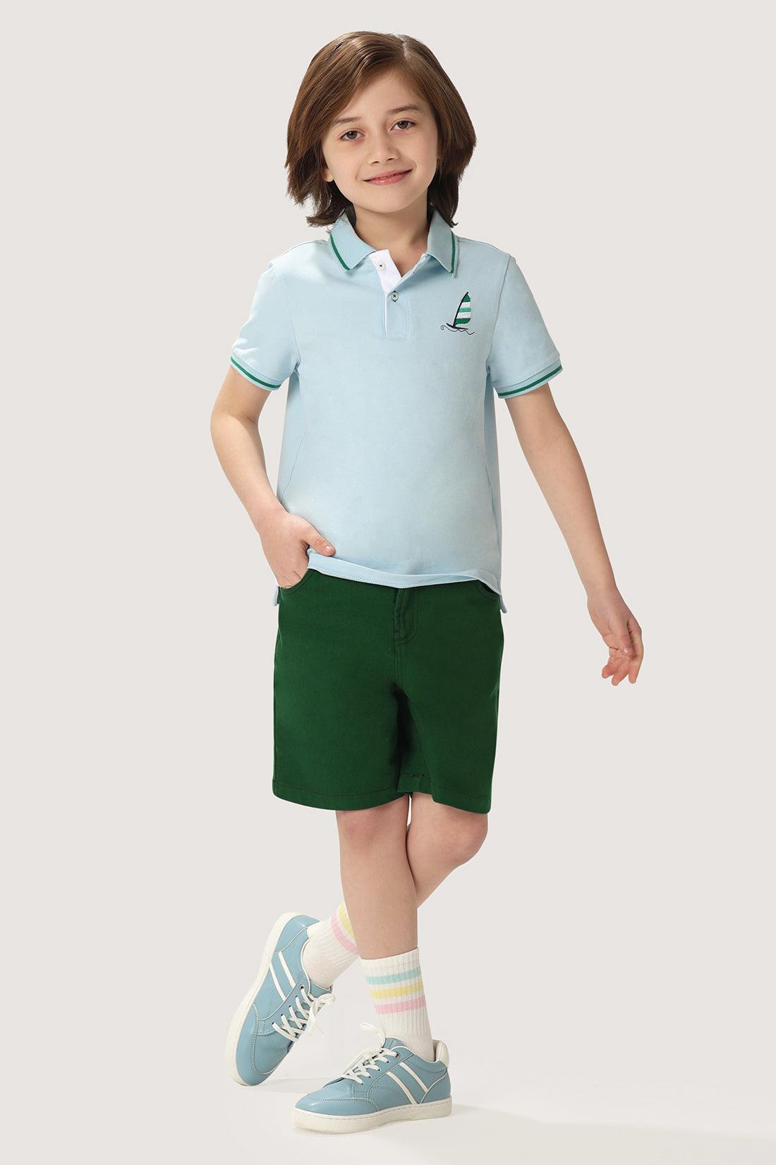 One Friday Kids Boys Blue Stretchable Polo Tee with Embroidery - One Friday World