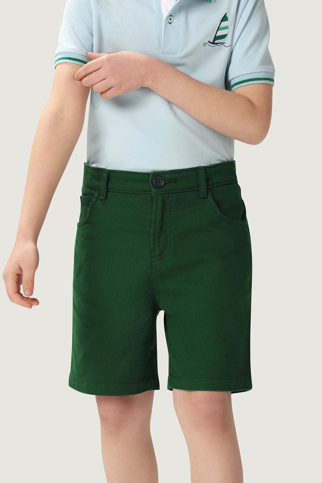 One Friday Kids Boys 100% Cotton Green Embroidered Shorts - One Friday World