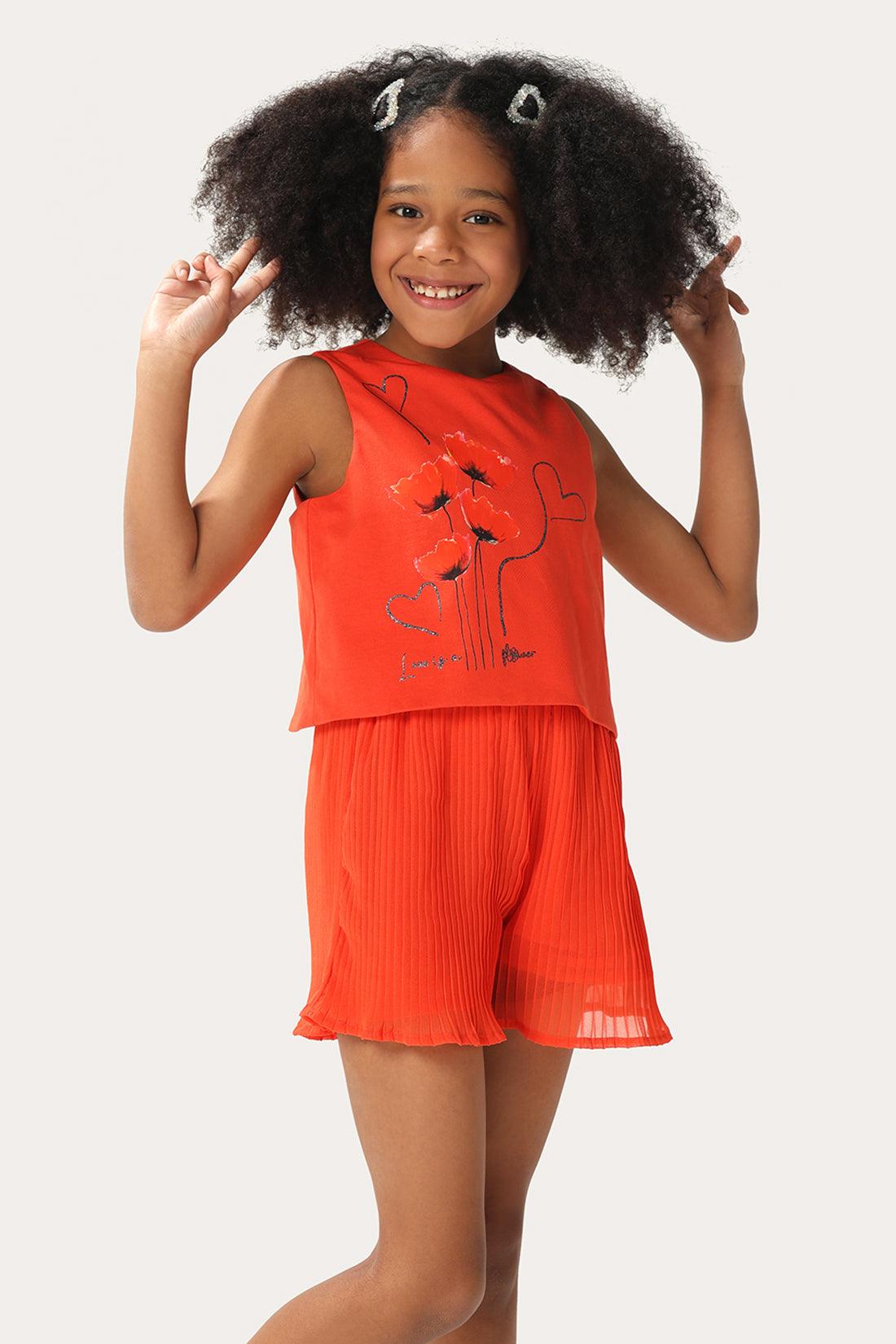 One Friday Kids Girls Red Cotton Blend Pleated Short Jumpsuit - One Friday World