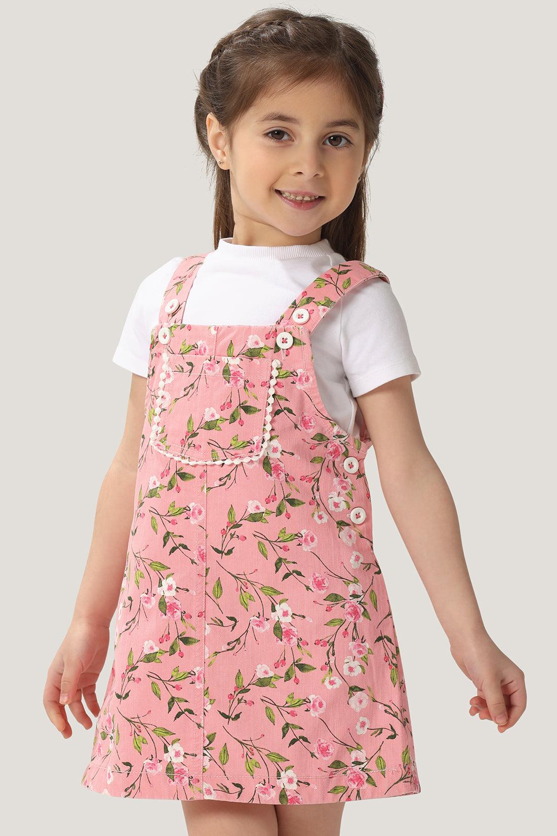 One Friday Baby Girls Pink Floral Printed Dungaree with White Tee - One Friday World