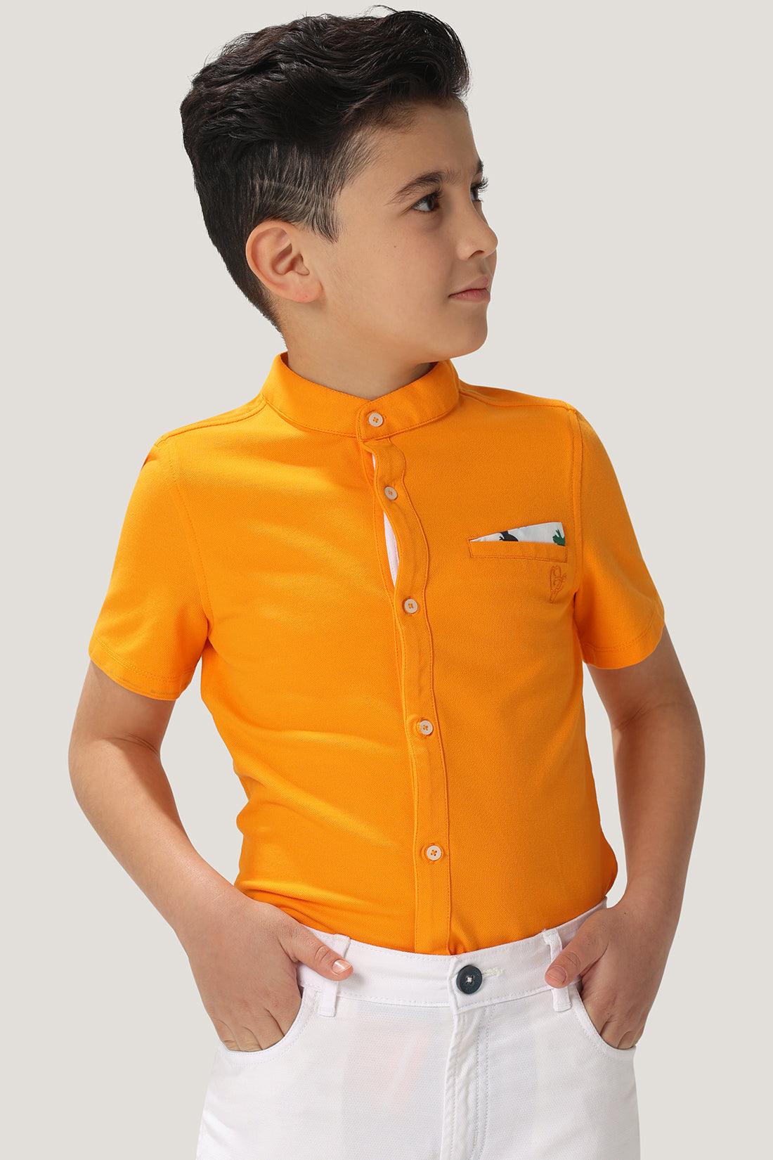 One Friday Kids Boys Orange Cotton Mandarin Collar Shirt - One Friday World