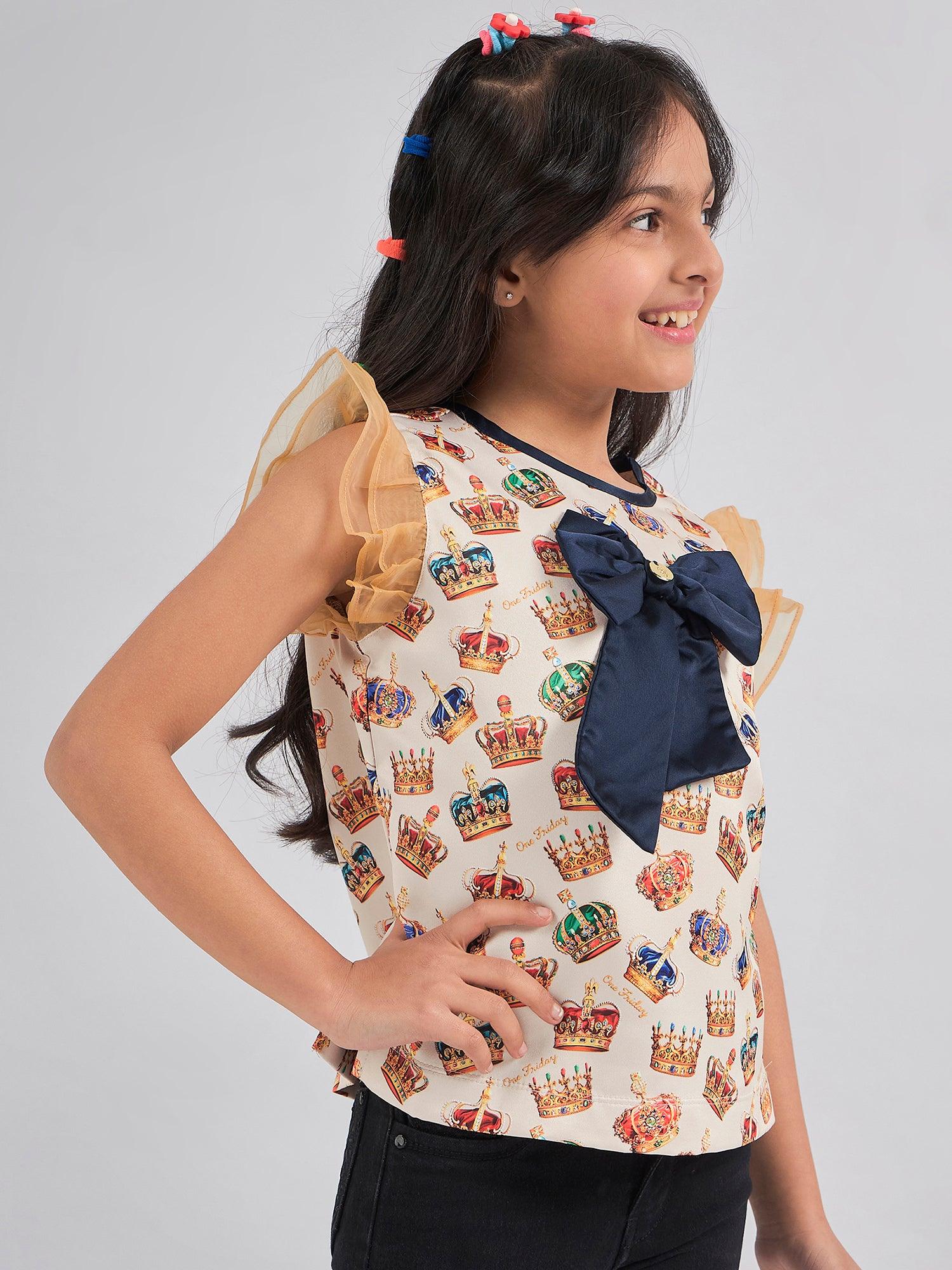 One Friday Kids Girls Crown Printed Top With Navy Blue Bow - One Friday World