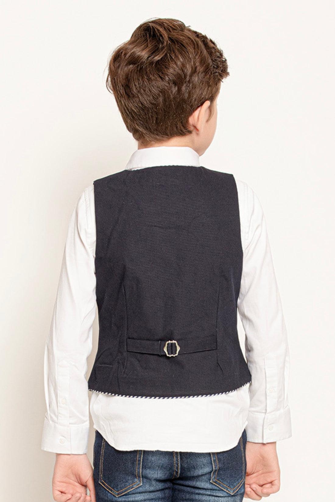 One Friday Kids Boys Navy Blue Solid V-Neck Waist Coat - One Friday World