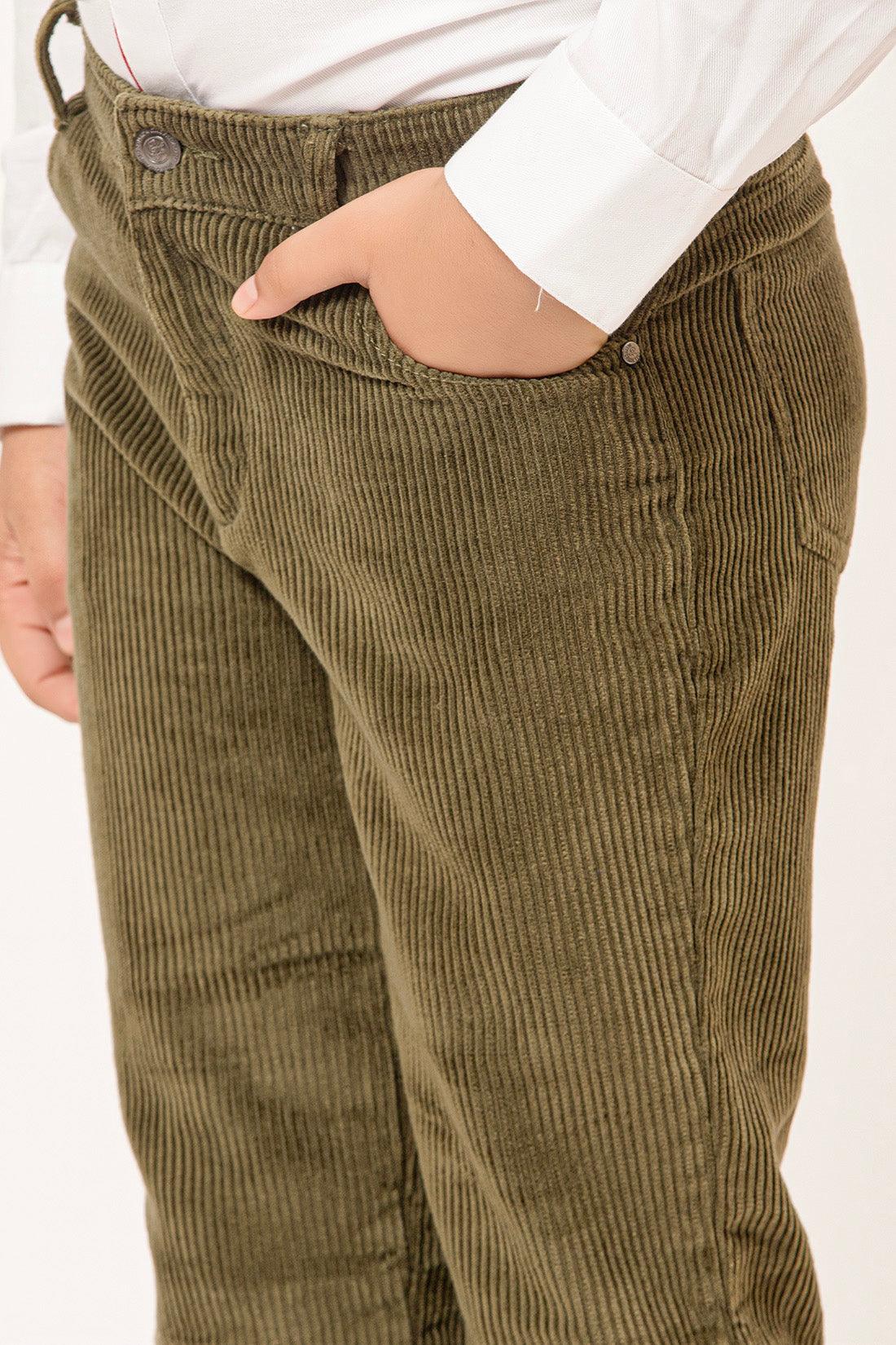 One Friday Varsity Chic Corduroy Green Trousers for Boys - One Friday World