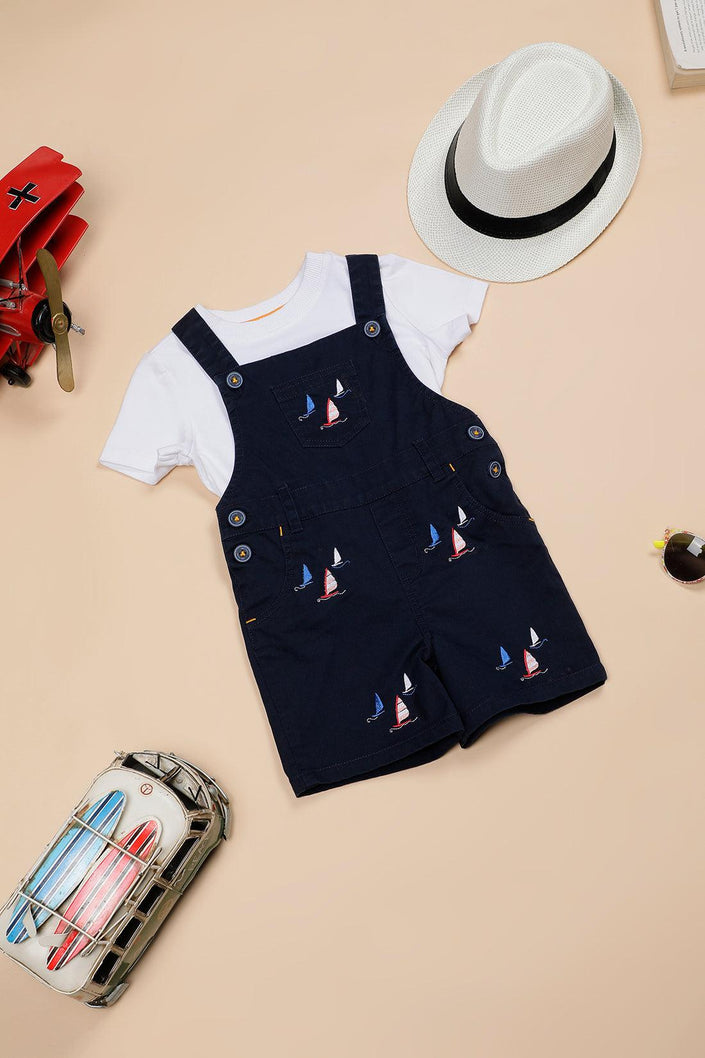 One Friday Baby Boys Navy Blue Cotton Embroidered Dungaree With T-shirt - One Friday World