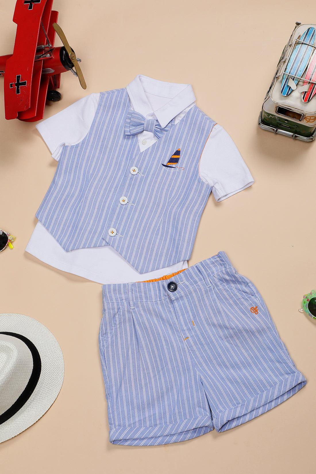 One Friday Baby Boys White Cotton Half Sleeves Shirt and Blue Waistcoat With Knee Length Short - One Friday World