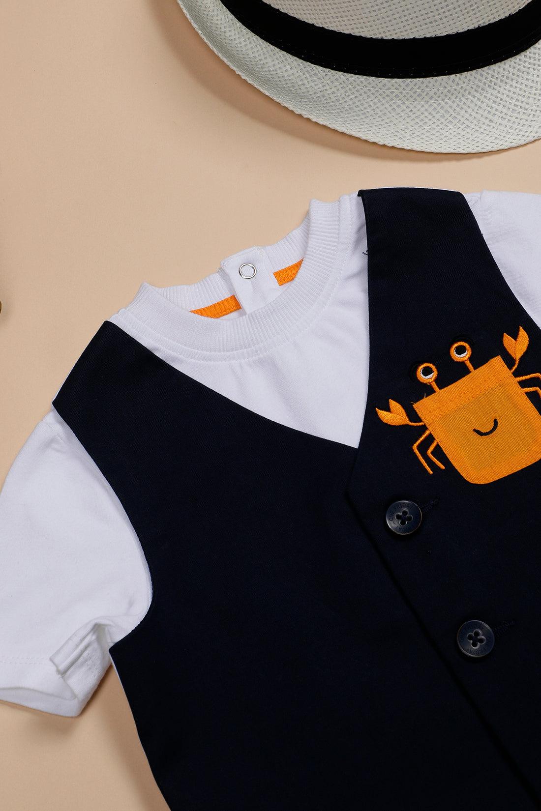 One Friday Baby Boys Navy Blue and White Cotton Round Neck Tee With Embroidered Waistcoat and Short - One Friday World