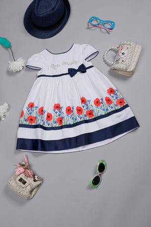 One Friday Infant Girls White Cotton Floral Printed Dress with Contrast Piping - One Friday World