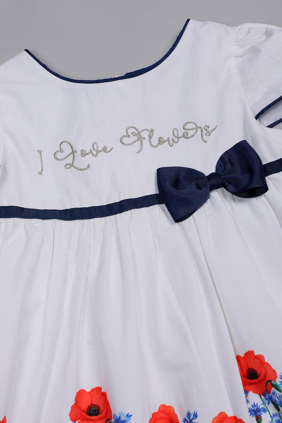 One Friday Infant Girls White Cotton Floral Printed Dress with Contrast Piping - One Friday World