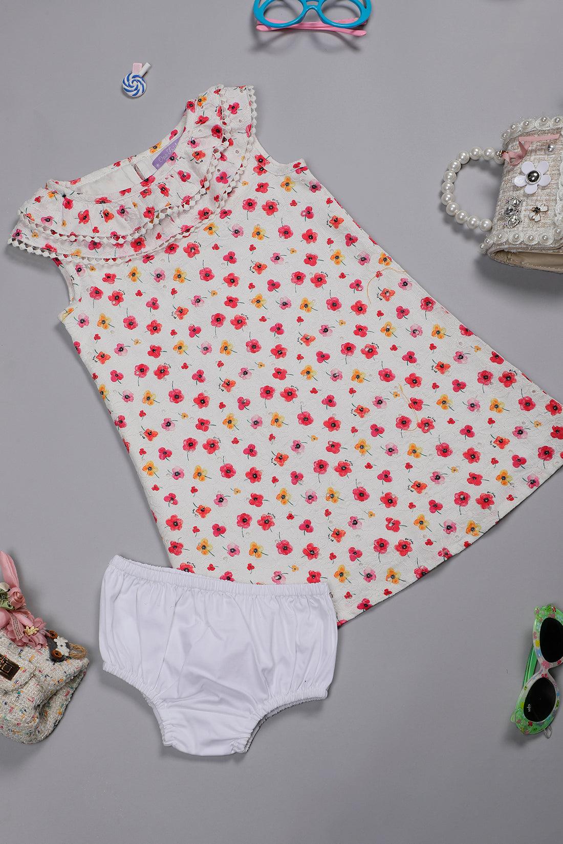 One Friday Baby Girls Off White Floral Printed Schiffly Cotton Dress With Bloomer - One Friday World