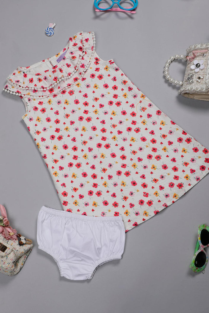 One Friday Baby Girls Off White Floral Printed Schiffly Cotton Dress With Bloomer - One Friday World