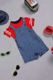 One Friday Baby Boys Blue Cotton Round Neck Dungaree With T-shirt - One Friday World