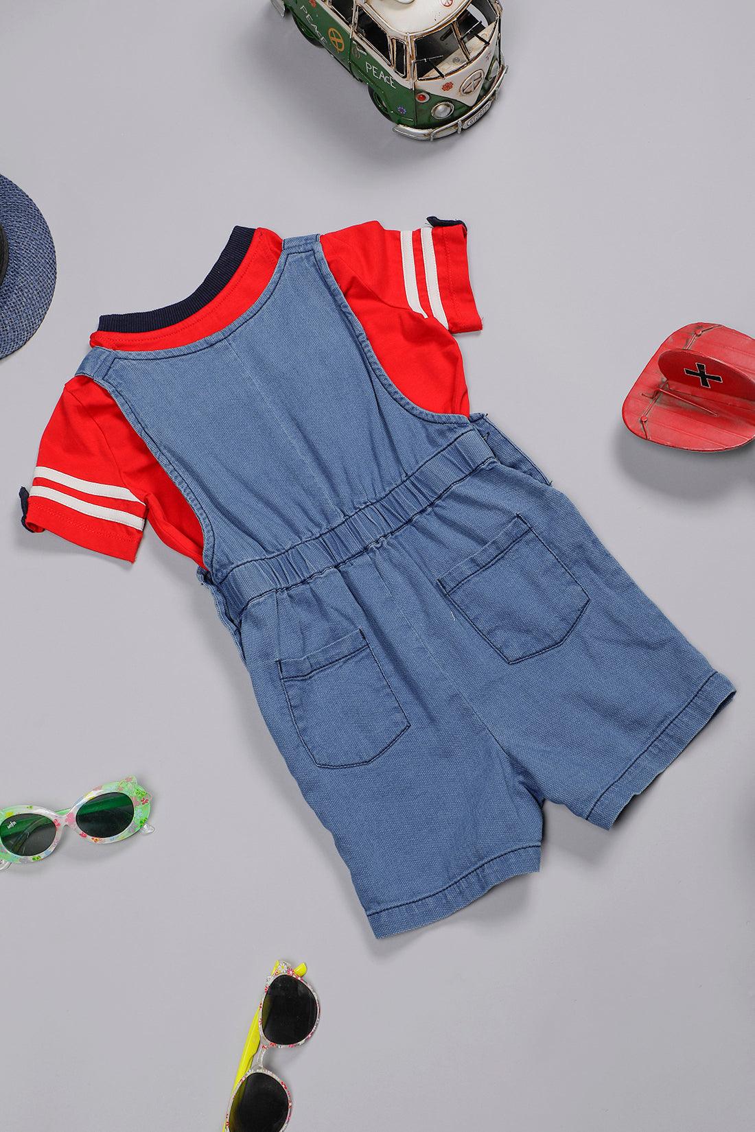 One Friday Baby Boys Blue Cotton Round Neck Dungaree With T-shirt - One Friday World